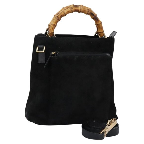 GUCCI Bamboo Hand Bag Suede 2way Black Gold 000 2265 0581 Auth BA1375 - Picture 1 of 16